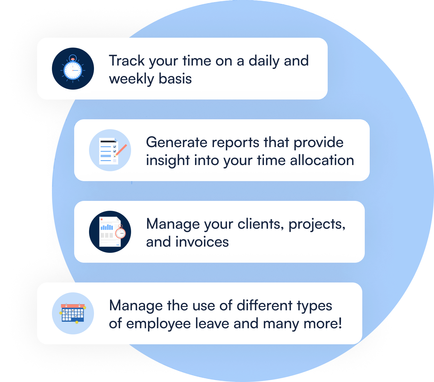  Some of the main features of Fornulio such as time tracking, days off, client, and project overview.