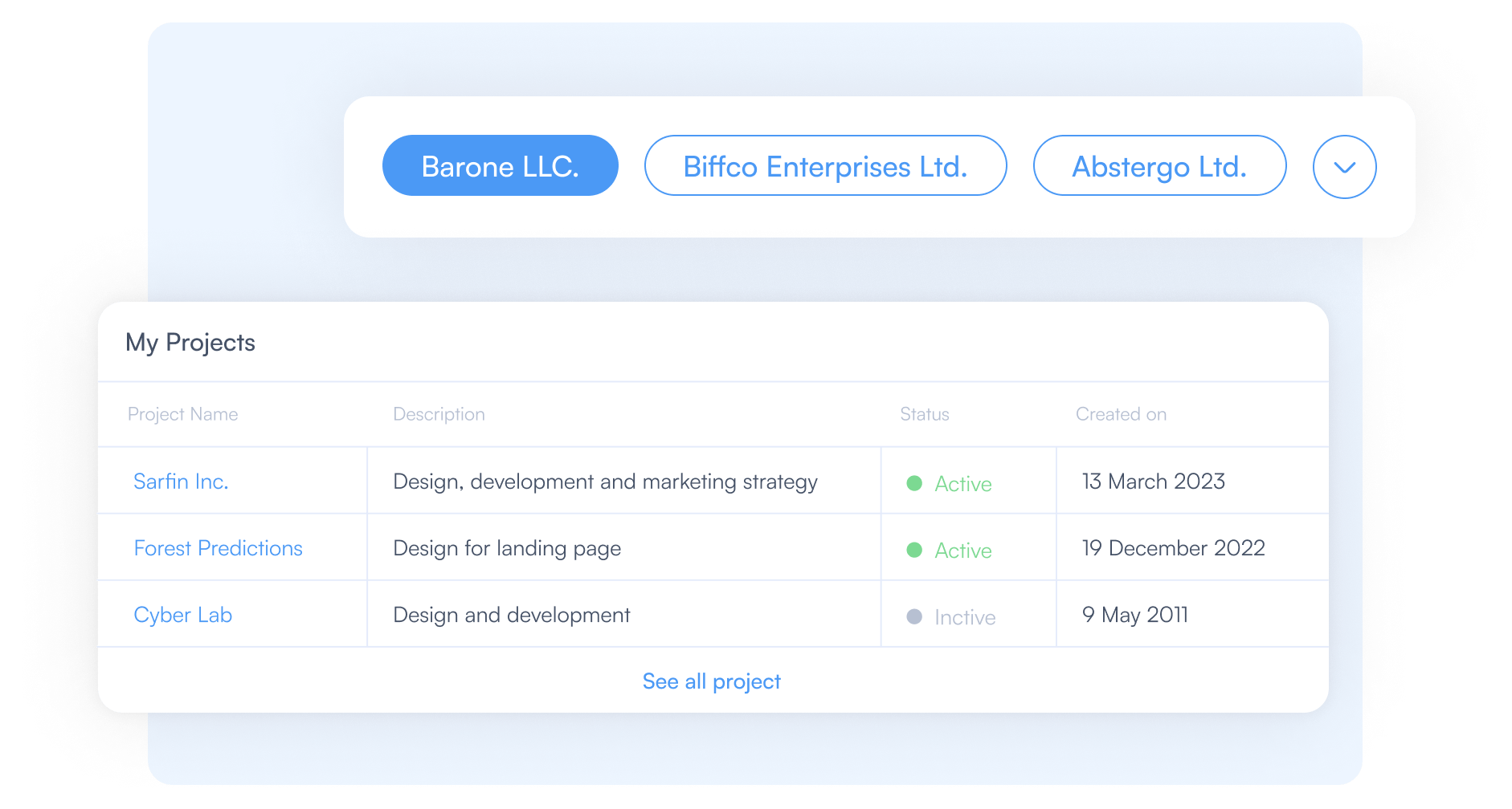 Fornulio client overview feature that helps you to organize client details, project information, and team members.